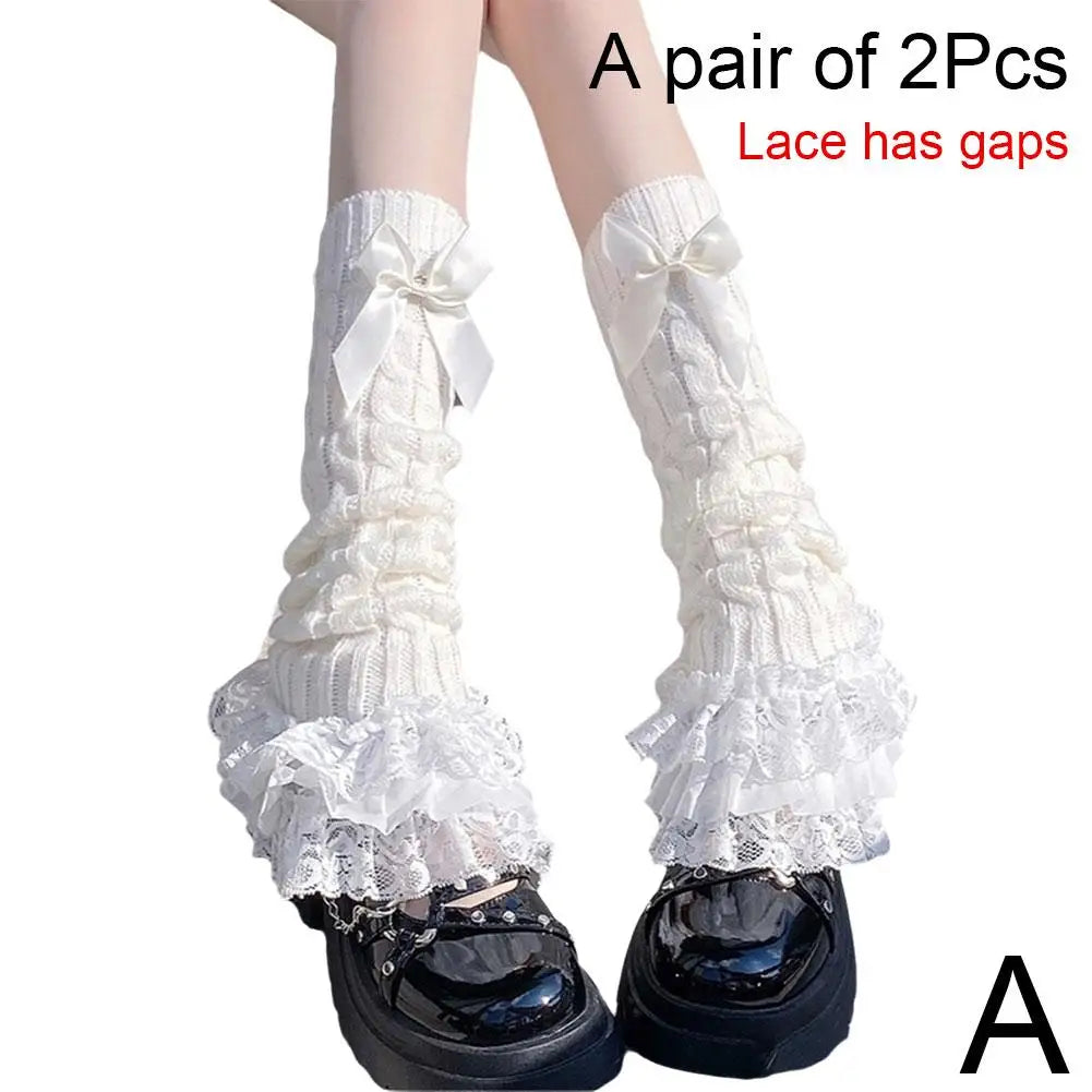 Japanese Women Knitted Leg Warmer Bow Tiered Ruffled Socks Girl Lace Lolita Socks Calf T-shaped Lace Leg Horn Warmers Women Qme A One Size