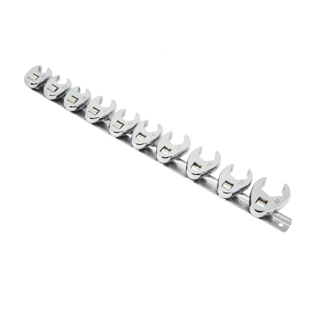 10pcs Chrome Plated Wrenches Crows Foot Wrench Set 10mm to 22mm Sizes Nut Wrench for 3/8in Drive Ratchet Qme as show