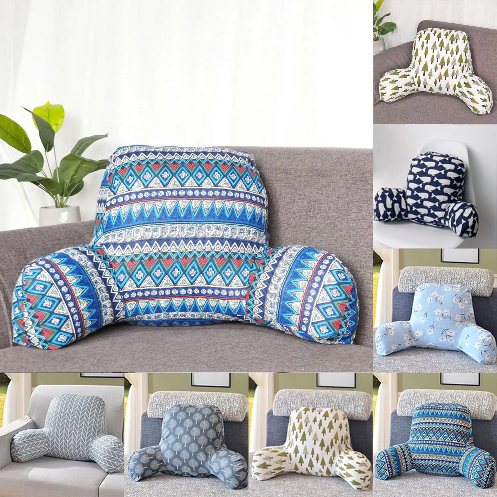 Print Pillow Back Cushion With Arm for Reading Rest Waist Support Office Chair Car Seat Sofa Rest Lumbar Cushion Velvet Backrest Qme