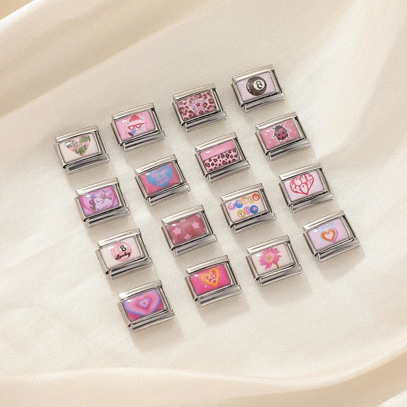 2026 Wholesale Women Fashion Pink Stars Leopard Print Italian Charm Fit 9mm Stainless Steel Bracelet Drop Shipping Gifts Jewelry Qme