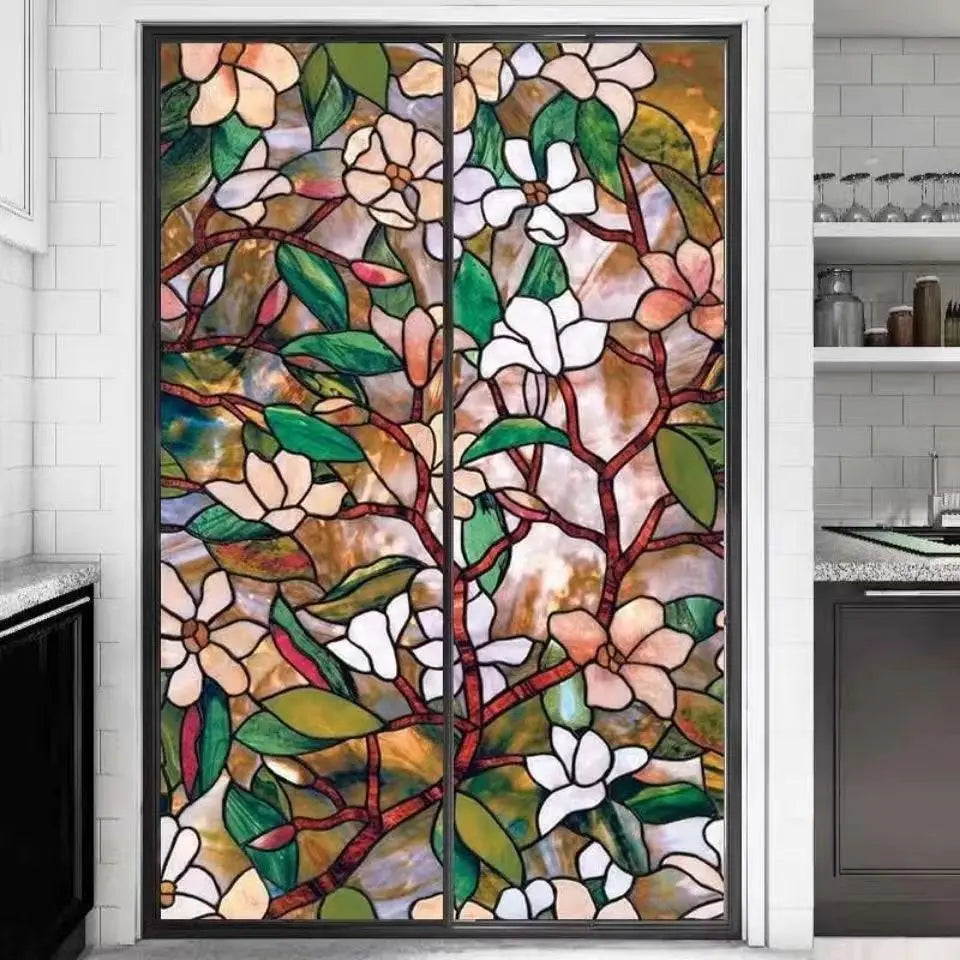 Window Privacy Film Static Film Magnolia Static PVC Privacy Protection Home Decoration Glass Foil for Window Door Cabinet Table Qme