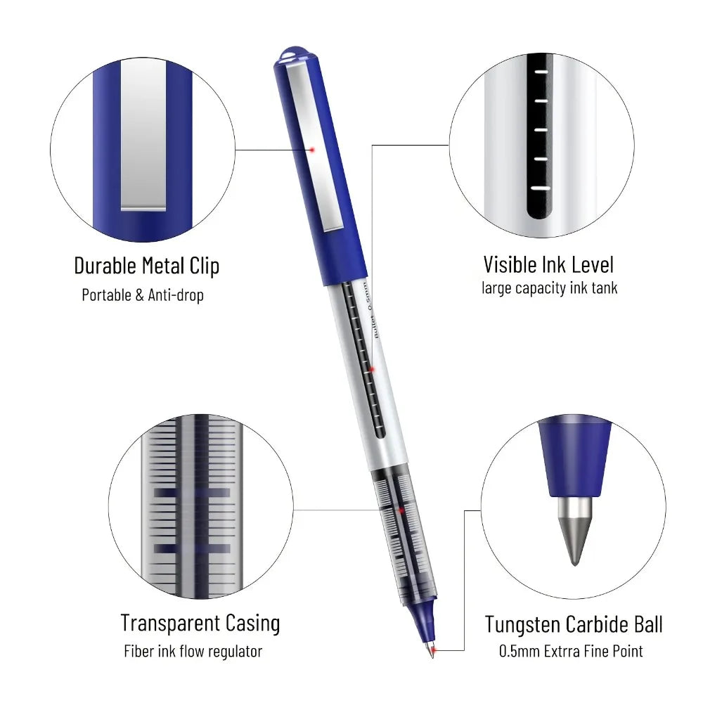 Quick-Drying 0.5mm Liquid Gel Pens, Blue Ink, Smooth Writing, No Bleed, School Office Stationery Qme