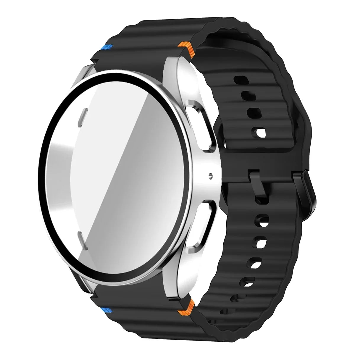 Original Silicone Band +Case for Samsung Watch 7 40mm 44mm Sport Bracelet For Galaxy Watch Strap 6 40mm 44mm Screen Protector Qme B Silver Galaxy Watch 6 40mm