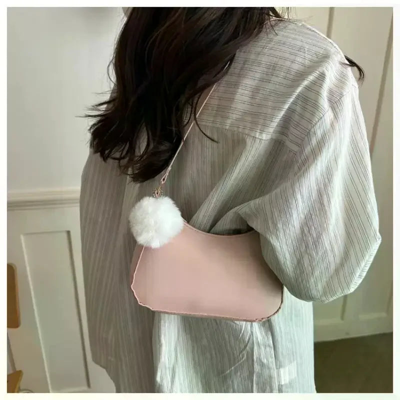1Pcs Trendy And Simple Solid Color New Small Square Bag High Quality Fashion Single Shoulder Armpit Bag With Hairball Qme