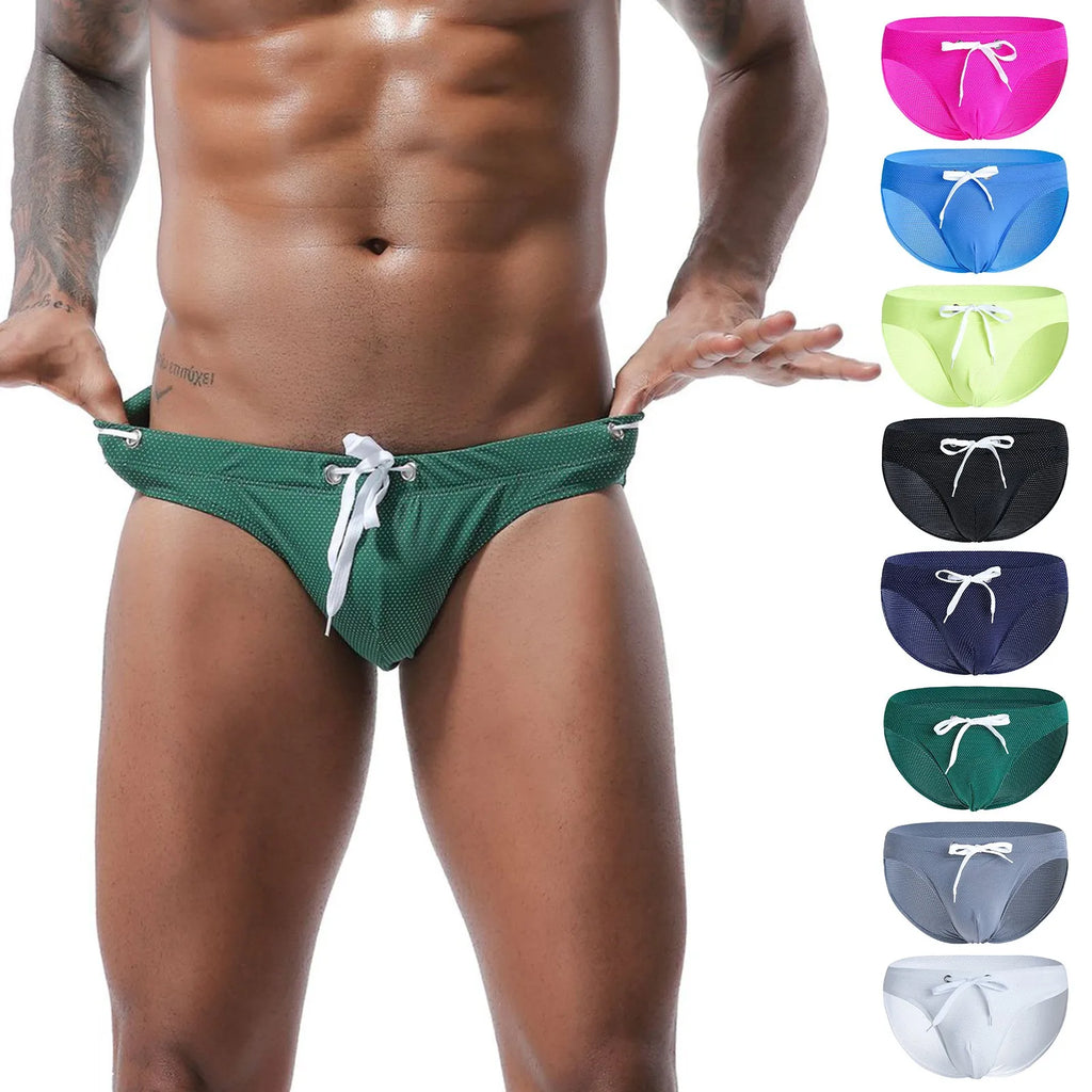 Male Basic Elastic Solid Color Swimming Trunks Low Waist Swimming Trunks Hot Spring Beach Briefs Casual Home Wear Underpants Qme