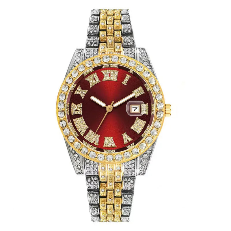 Hip hop watch+bracelet, strap, necklace set, diamond studded hip hop watch set, WATCH large dial Qme