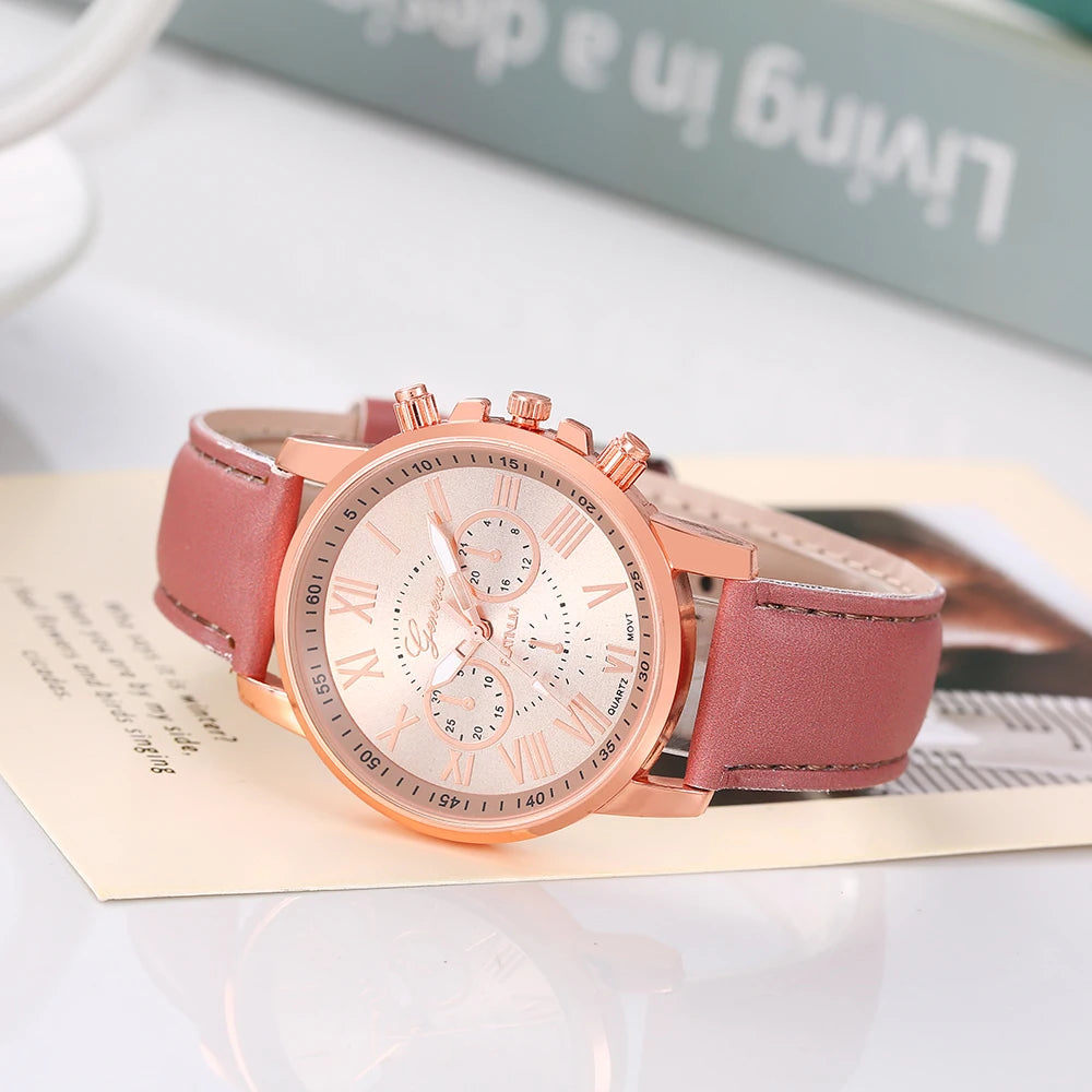 New Women's Watch with Belt Geneva Quartz Watch Belt Fashion Women's Watch Scale Watch 6pcs Qme 6