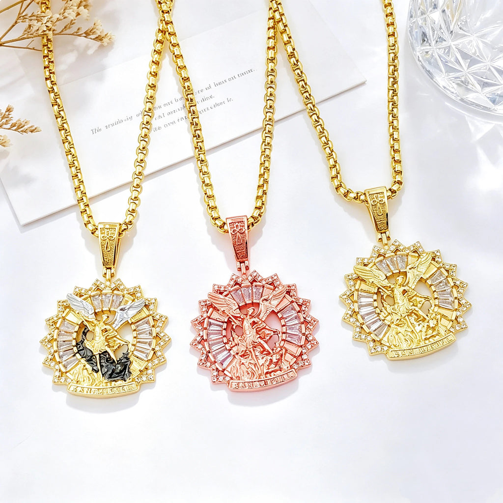 Classic Gold/Rose Gold St. Michael Archangel CZ Medallion Stainless Steel Necklace for Men Women Party Religious Jewelry New Qme