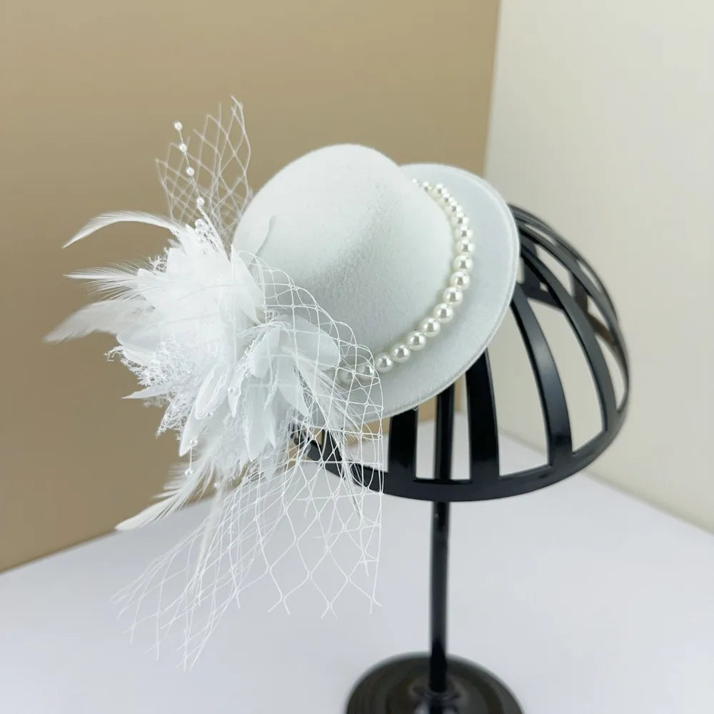 Retro Exquisite Vintage Fascinator Hat Elegant Flower Mesh Feather Qme White