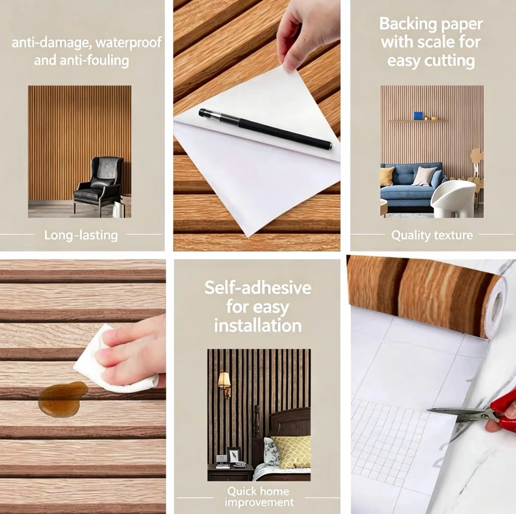 Wood Grain Striped Self Adhesive Waterproof Wallpaper for Bedroom Living Room Kitchen TV Background Wall Sticker Wallcovering Qme