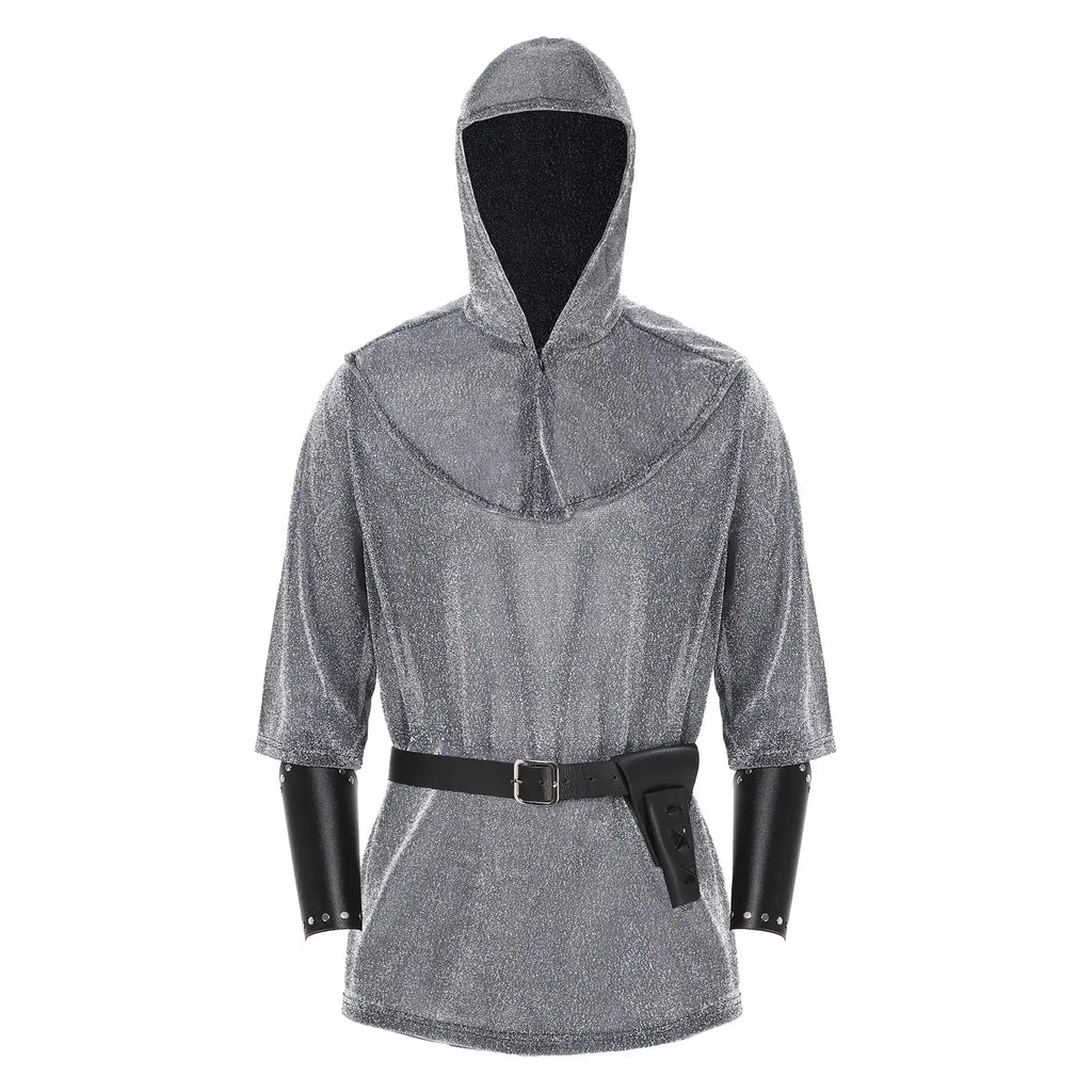 Medieval Faux Chain Mail Armor Tunic Shirt Cowl Belt Renaissance Medieval Knight Halloween Cosplay Costume For Adult Qme