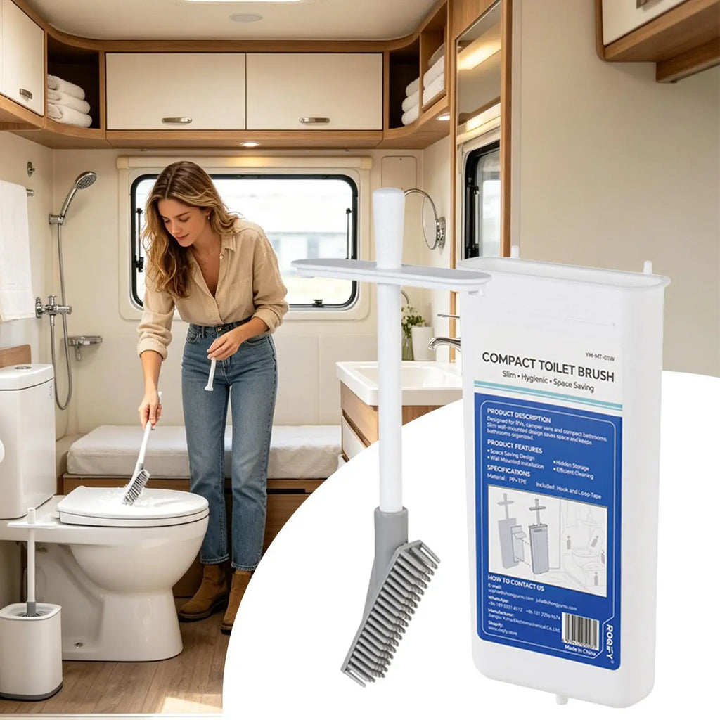 RV Toilet Brush with Holder Wall-Mounted Retractable Head Compact Toilet Scrubber Set for RV Camper Travel Home Bathroom Qme