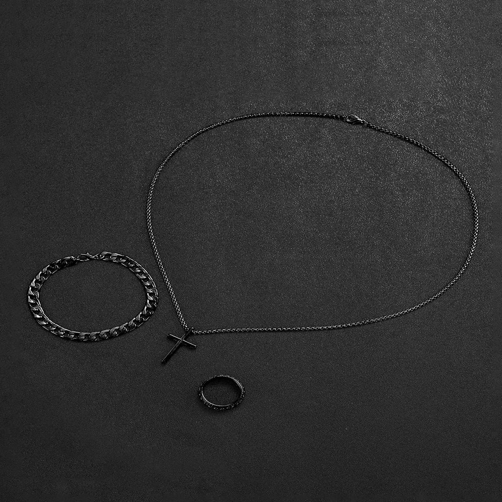 Relógio de quartzo com pulseira de aço masculino conjunto de joias pretas sem caixa, business, 4 pçs/set Qme
