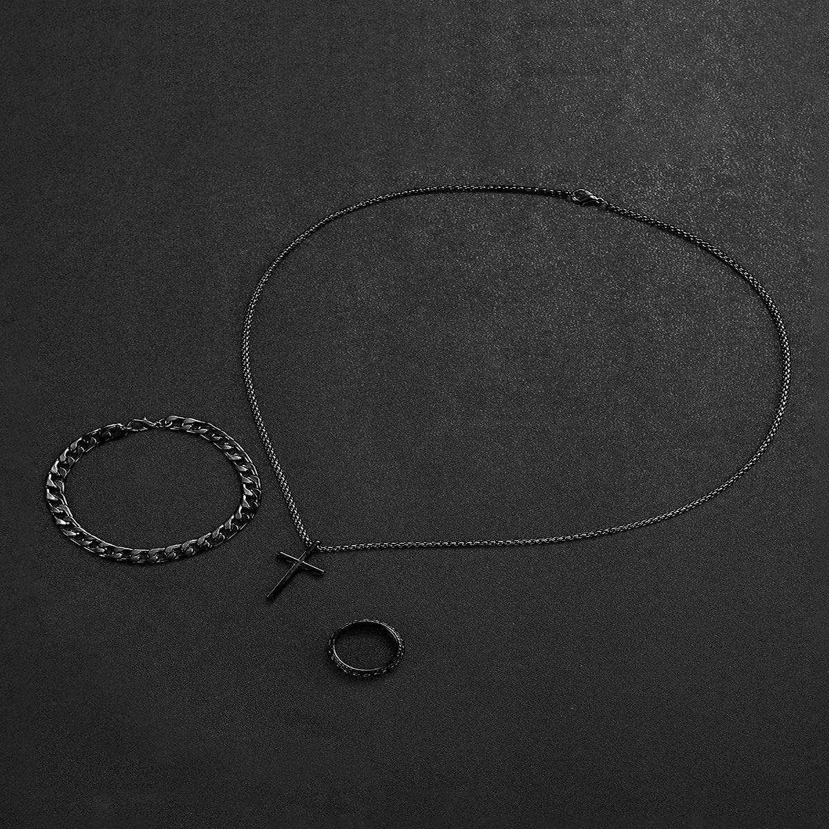 Relógio de quartzo com pulseira de aço masculino conjunto de joias pretas sem caixa, business, 4 pçs/set Qme
