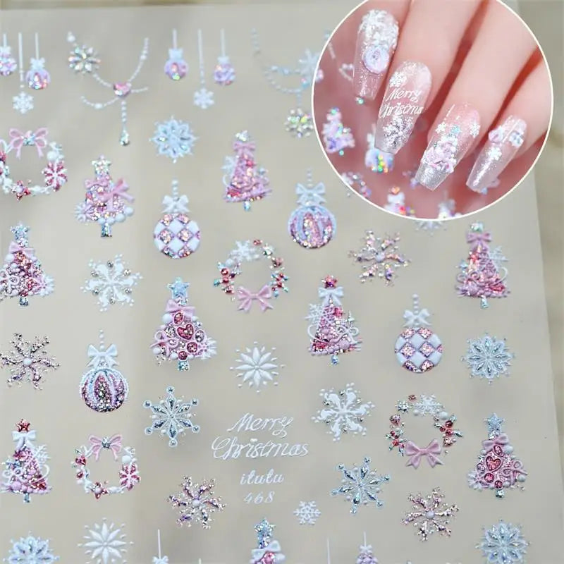 Cute Christmas Bow Colorful Snowflake Tree Nail Art Stickers Girly Qme A4
