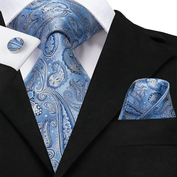 Extra Long Tie Set for Men, 3-Piece Wedding Accessories with Cufflinks & Pocket Handkerchief, Striped/Floral Design Qme DPTH-LDSN3570