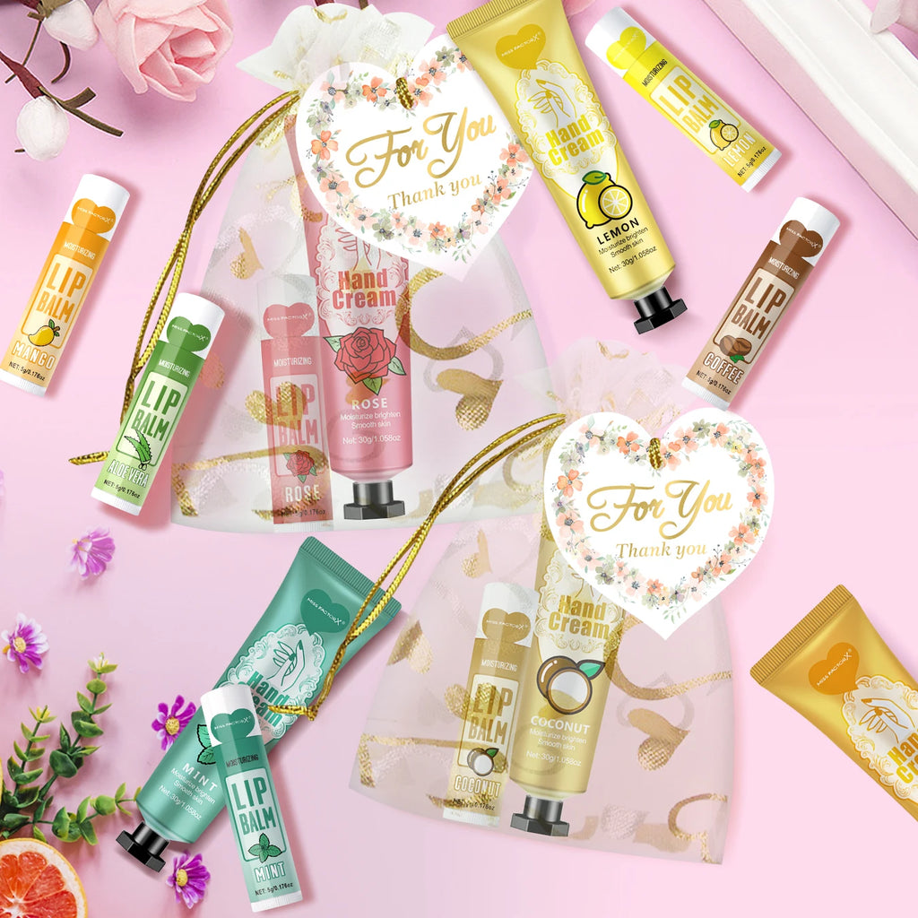 12 Hand gift Hand cream and lip balm set Friends Party Gift with love net bag and thank you card Holiday gift Qme