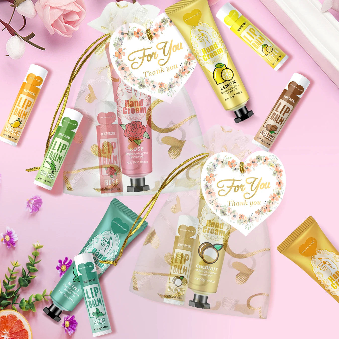 12 Hand gift Hand cream and lip balm set Friends Party Gift with love net bag and thank you card Holiday gift Qme