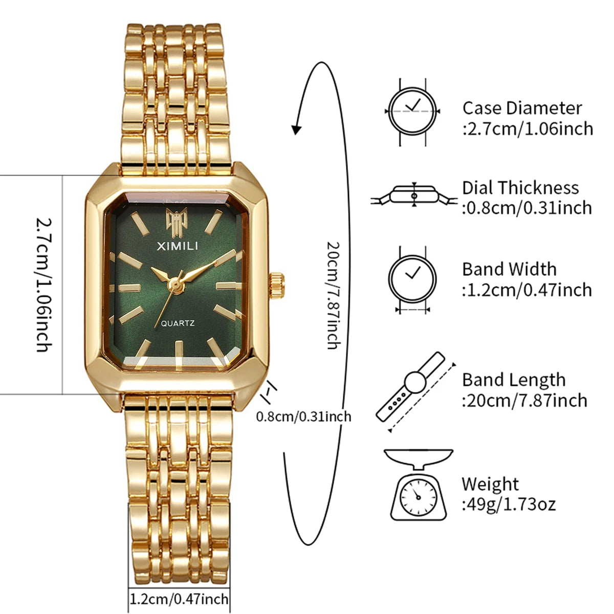 Women Gold Square Quartz Watch Green White Dial Thin Steel Band Wristwatch Qme
