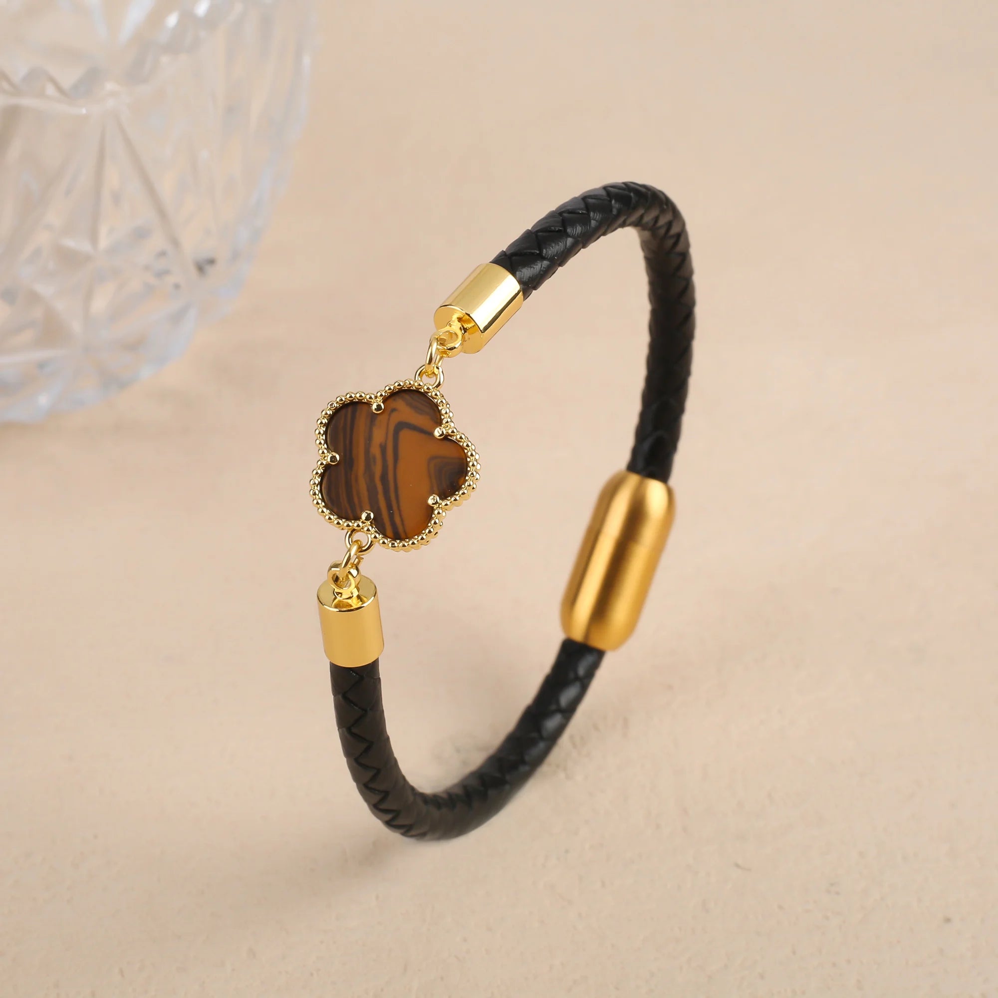 10 Colors Natural Gem Five-Leaf Flower Leather Bracelet Stainless Steel Magnetic Buckle for Women Flower Jewelry Free Shipping Qme Colors 6 17cm Coffee Leather