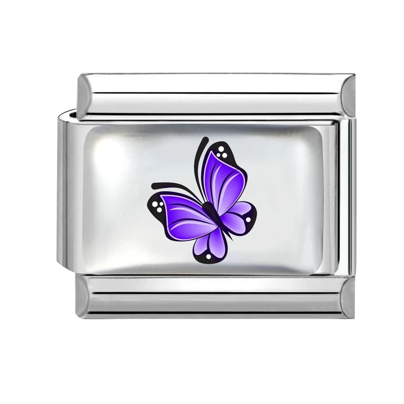 New Y2K Attractive Purple Butterfly Colorful Flower Italian Charm Link fit 9mm Stainless Steel Jewelry DIY Making Bracelets Gift Qme Style 16