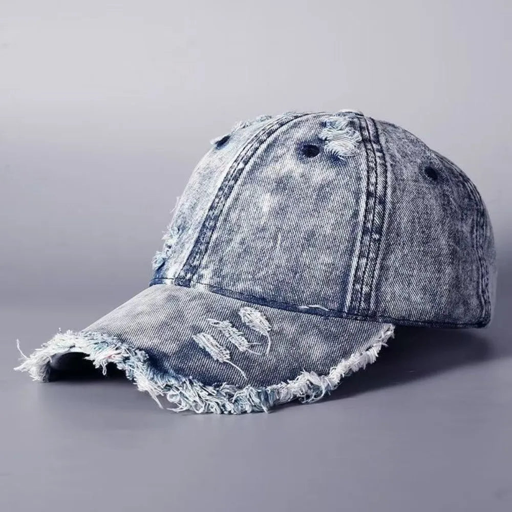 Vintage Washed Denim Baseball Cap Distressed Ripped Fringe Frayed Qme