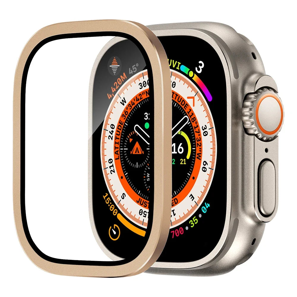 Tempered Glass for Apple Watch Ultra 2 49mm Screen Protector Metal Frame Anti-Scratch for IWatch Series Ultra 49 mm Accessories Qme Gold For Ultra 2 49mm