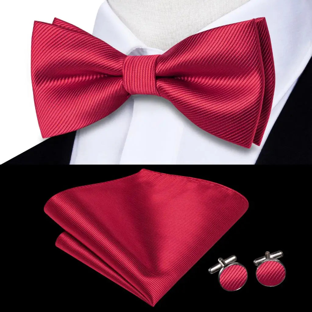 Hi-Tie Striped Black Red Mens Bow Tie Hankerchief Cufflink Pre-tied Silk Butterfly Knot Bowtie for Male Business Party Wholesale Qme S1-LH-2512