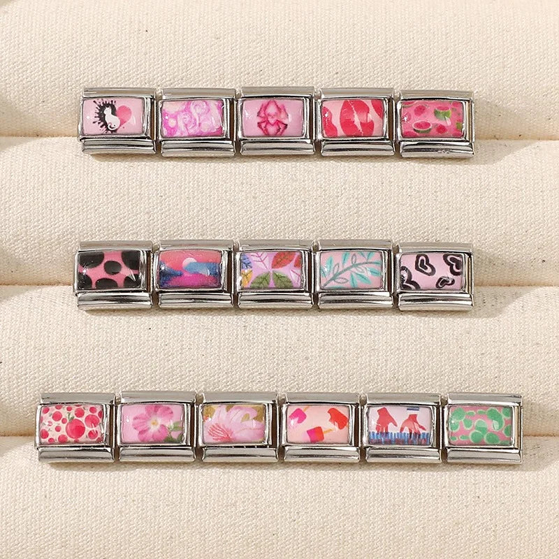 2026 New Original Splash-ink Love Heart Cat Pink Series Italian Link Fit 9mm Stainless Steel Bracelet Making DIY Charm Jewelry Qme