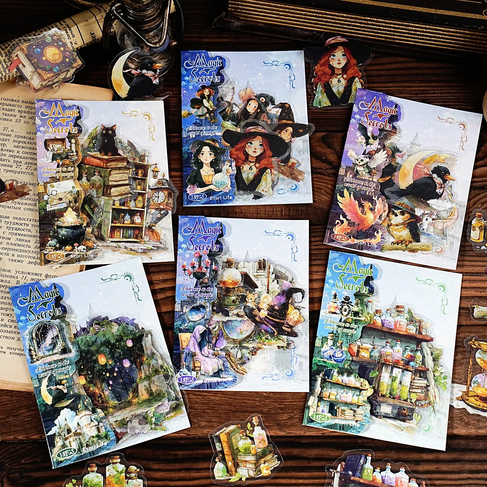 15 Sheets Magic Theme PET Stickers for DIY Craft Scrapbooking Guitar Phone Case Notebook Decoration Qme