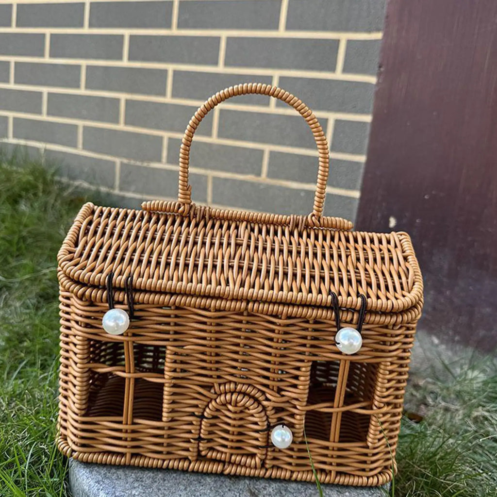 NEW Rattan Basket House Shape Portable Organizer Rattan Baskets With Lid For Organizing For Toy Toiletries Snack Fabric Camping Qme