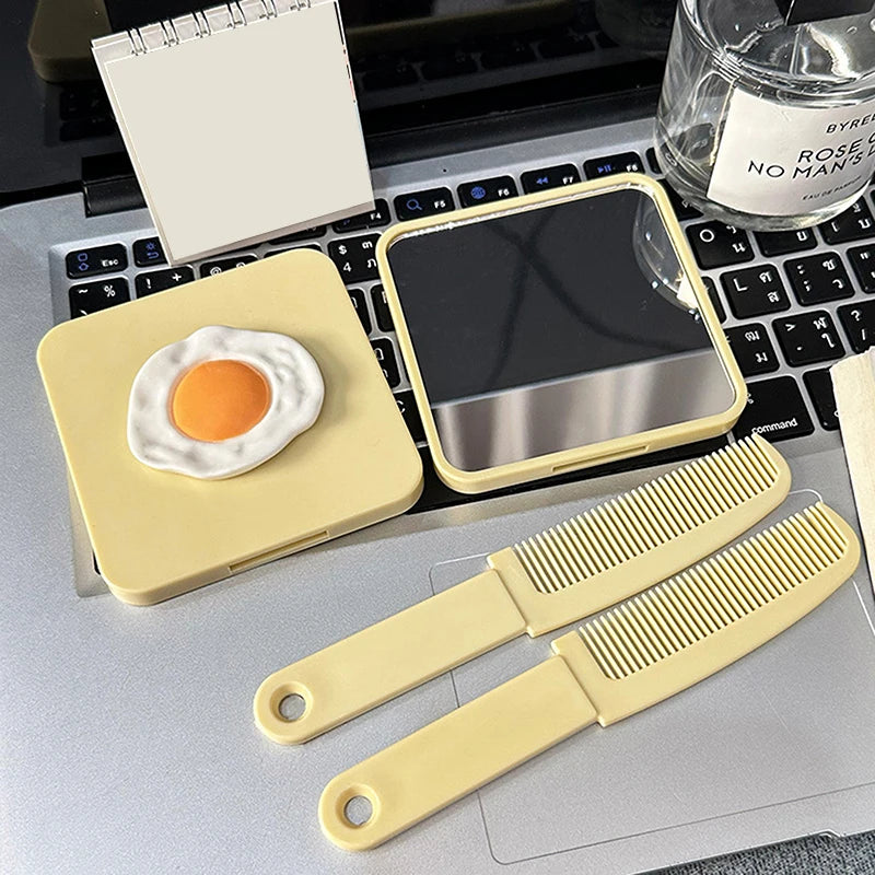 Portable Handle Mirror Comb Yellow Square Makeup Personal Care Use Qme