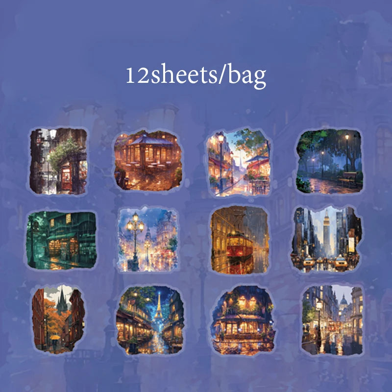 12 Sheets Rainy Walk PET Stickers for Scrapbooking Planner Journal Phone Case DIY Decoration Office School Stationery Gift Qme 2