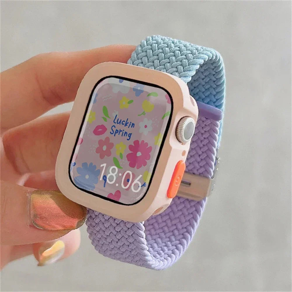 Candy Silicone Case+Strap For Apple Watch Series 9 8 7 45mm 41mm Band SE 6 5 4 44mm 40mm Nylon correa Strap iwatch Ultra 2 49mm Qme Purple Blue Pink For Series456SE 40MM