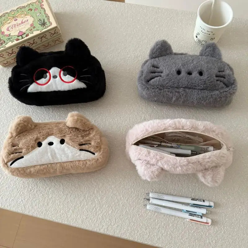 Cute Cartoon Embroidered Plush Cat Printed Pencil Case Student Qme