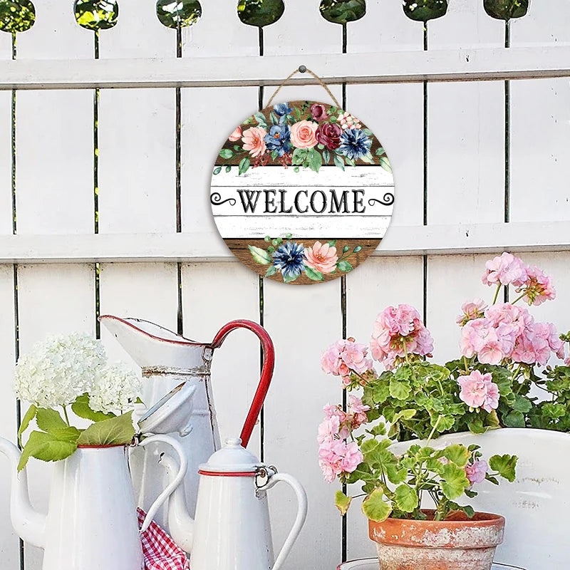 Rustic Flower Welcome Wall Hanging Decor Round Wood Art Plaques Sign Door Sign for Spring Home Living Room Decor Qme