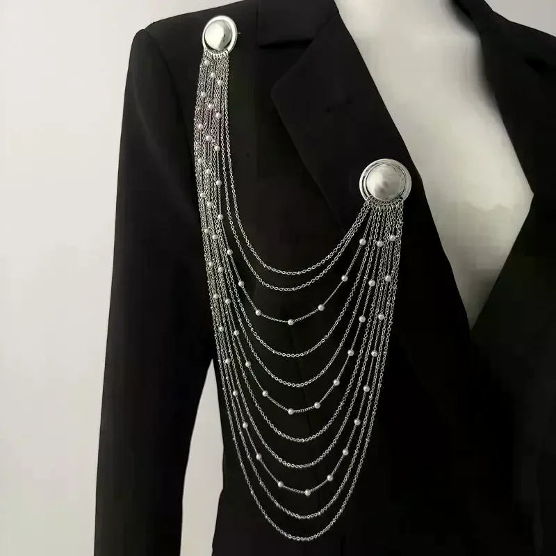 Creative Iron Tassel Chain Brooch Multi Layer Exaggerated Geometric Pearl Pins Clip Fashion Banquet Jewelry Accessories Qme