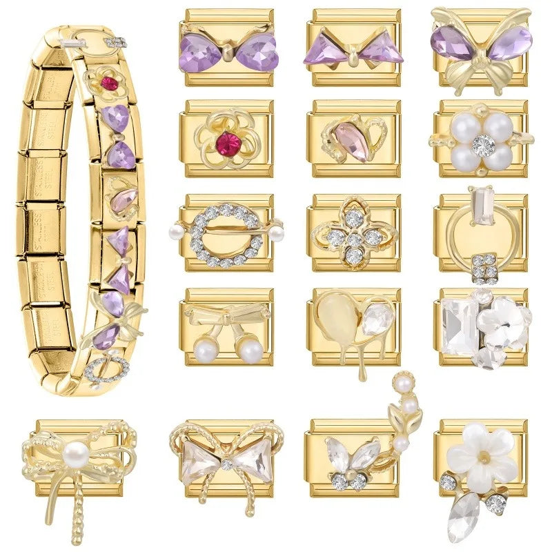 Premium Gold Color Zircon Bowknot Italian Charm Bracelet Stainless Steel Elastic Bracelet Link Bangle DIY Women Men Jewelry Gift Qme
