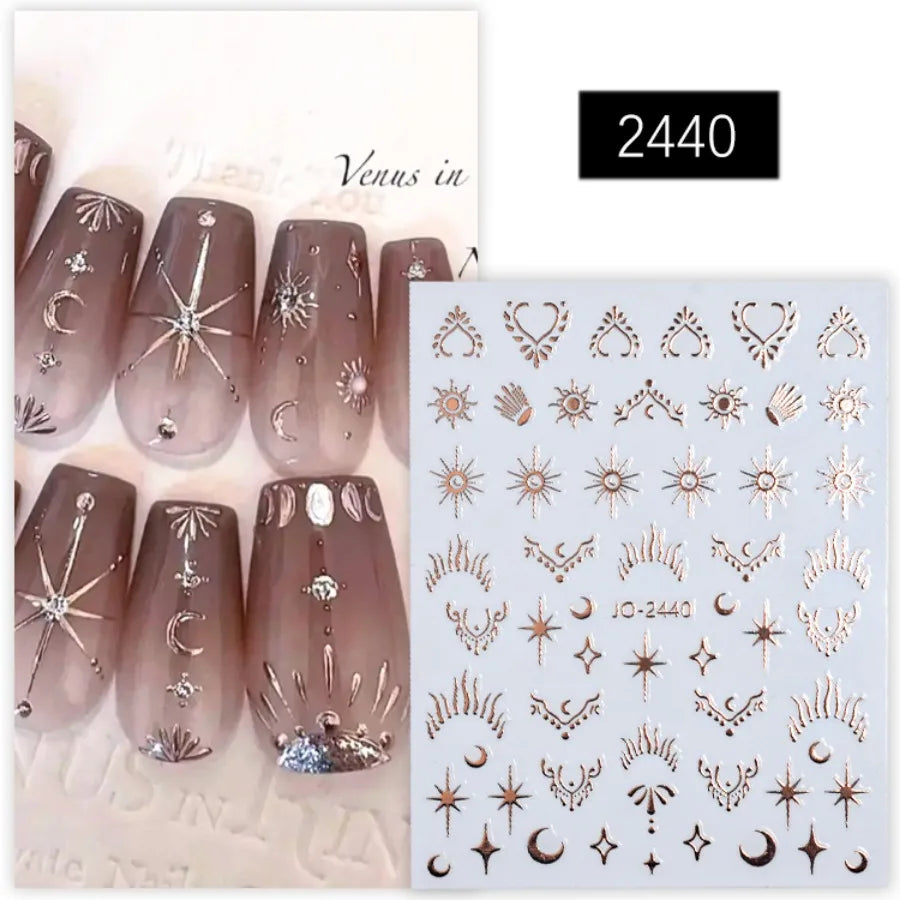 1 Sheet Moon Star Sun Design Nail Stickers Self-adhesive Gold Art Qme 2440