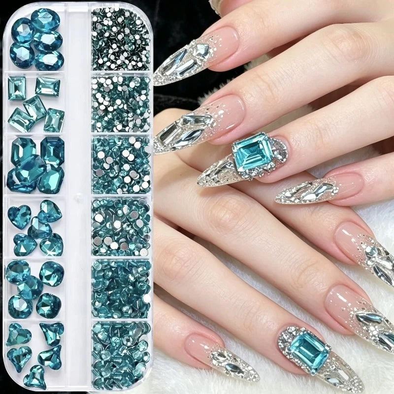 12grids Shiny Clear Crystal Gems Nail Rhinestones Mixed Round Glass Stone Flatback Nail Charms Nail Diamond DIY Qme 4691