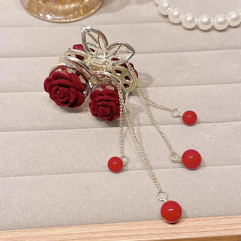 Vintage Elegant Red Flocked Rose Tassel Hair Clip Stylish Ponytail Qme A1