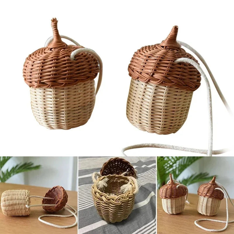 Acorn-shaped Storage Basket Hand-woven Round Rattan Bag Bucket Qme