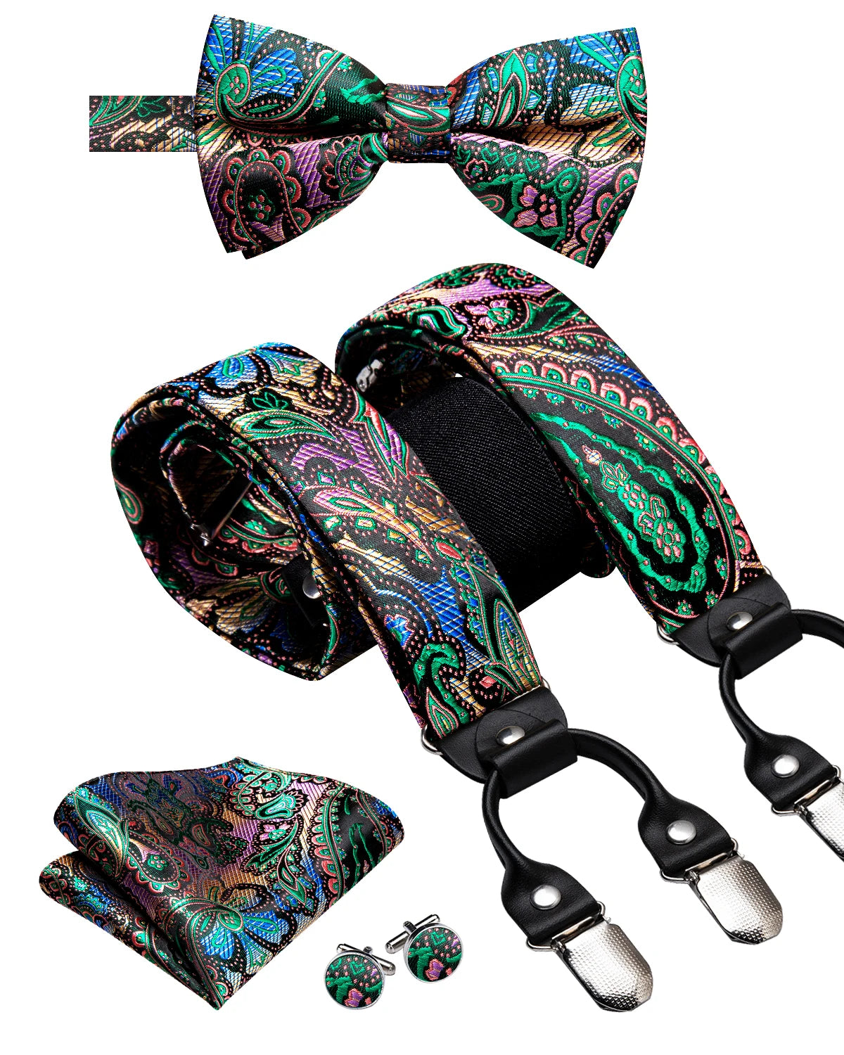 Hi-tie Silk Men's Suspender Metal 6 Clips Braces Bow Tie Hankerchief