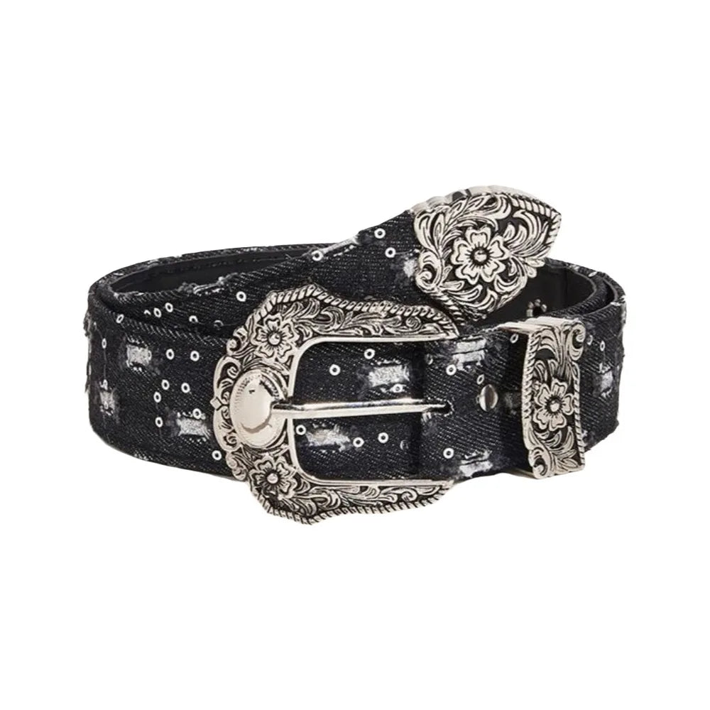 Casual Korean Sequin Belt Harajuku Y2k Metal Buckle Aesthetic Ripped Qme Black