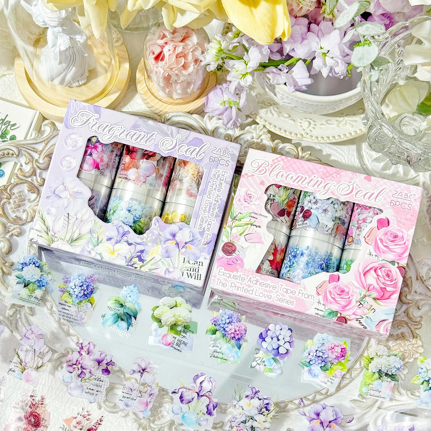 6 Rolls Laser Bright Flowers pattern PET Die cutting Tape Set Decorative Journal Scrapbooking Stickers Masking Tape Stationery Qme