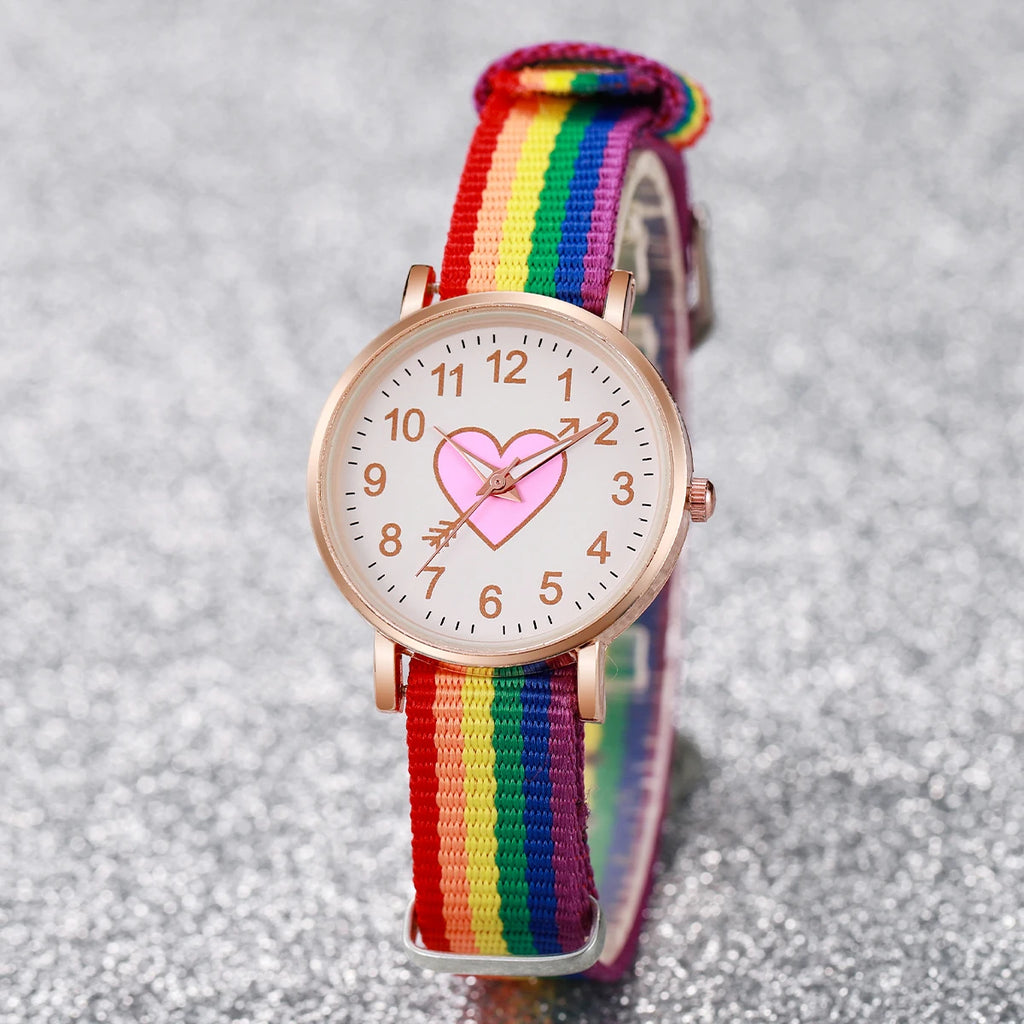4 Pçs/set Moda Coração Dial Relógio Feminino Banda de Nylon Relógio de Quartzo Arco-íris Contas Pulseiras Conjunto Qme