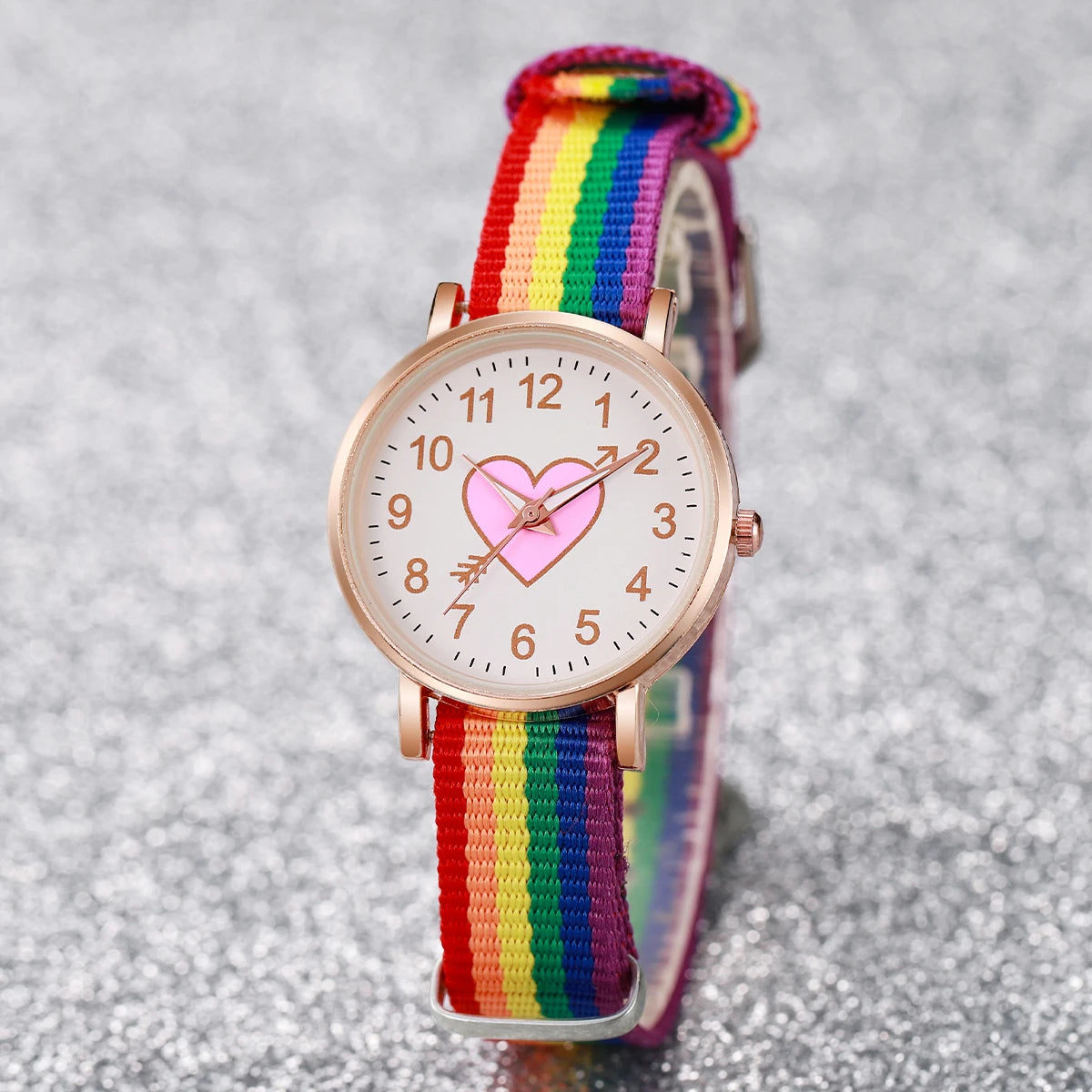 4 Pçs/set Moda Coração Dial Relógio Feminino Banda de Nylon Relógio de Quartzo Arco-íris Contas Pulseiras Conjunto Qme