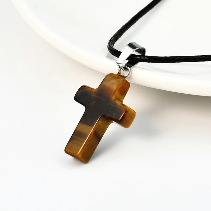 Natural Stone Cross Pendant Necklace, Colorful Punk Rock Style, Street Cool Vintage Y2K Goth Hip Hop Jewelry for Men and Women Qme A10