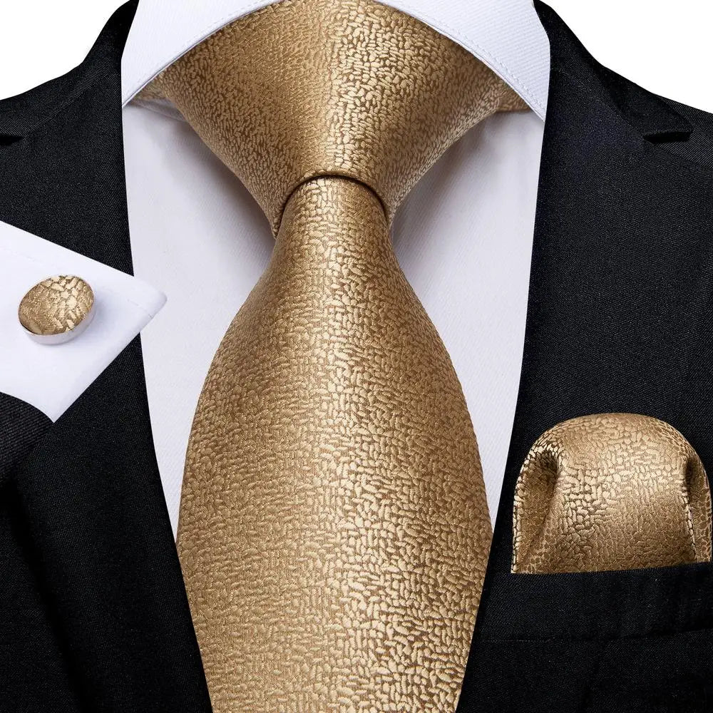 Designer Gold Solid Wedding Tie Men Handky Cufflink Striped Plaid Qme