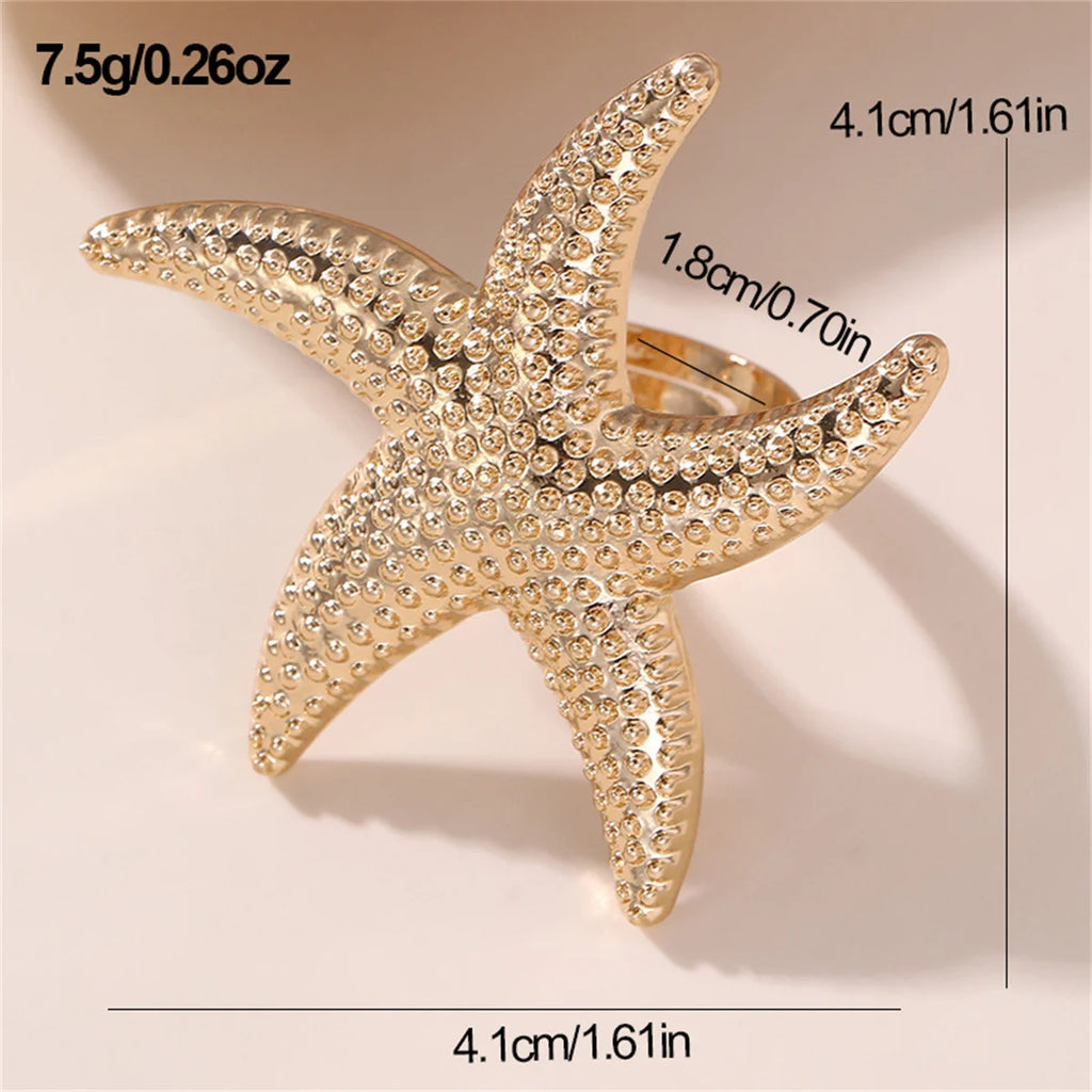 Vintage Exaggerated Metal Flower Starfish Pearl Rings for Women Fashion Aesthetic Beach Style Gold Color Vacation Jewelry Gift Qme 3 resizable